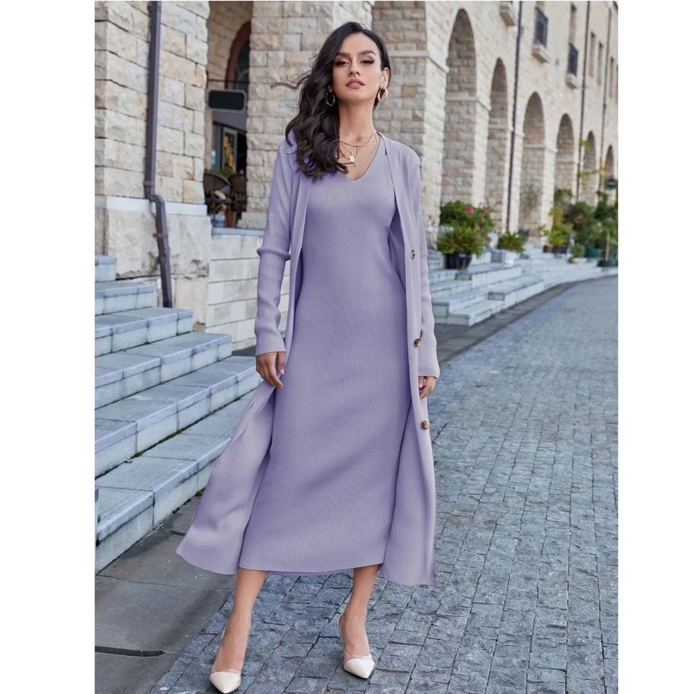 2 Piece Set: Knit Midi Pencil Dress and Long Cardigan Button Through - Picture 4 of 13